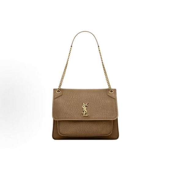 SAINT LAURENT YSL Niki metal brand, golden Logo, single-shoulder bag, large size for women, brown